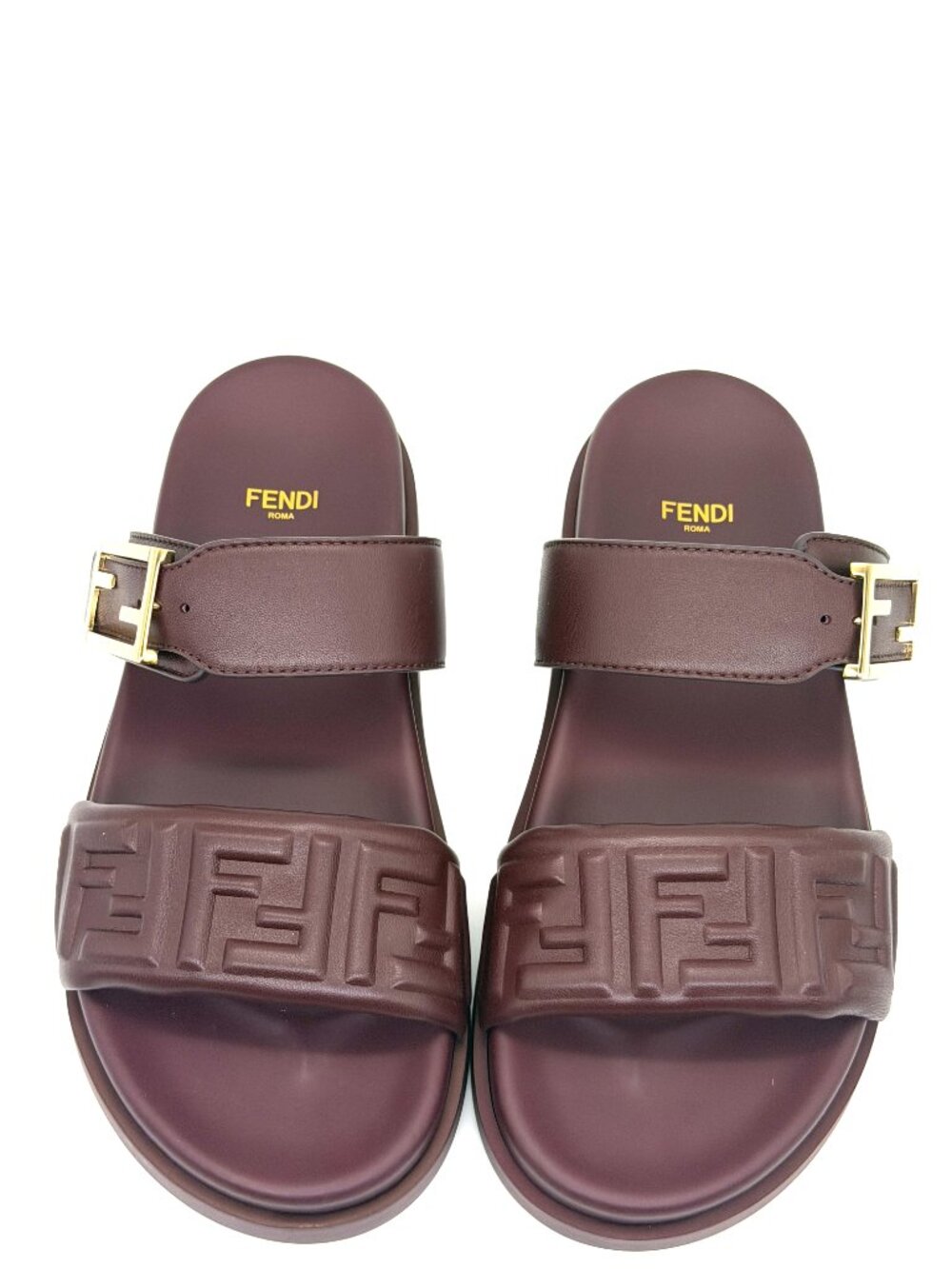 FENDI Feel FF Logo Double Band Flat Leather Slide Dad Sandals Shoes Plum - Picture 6 of 14